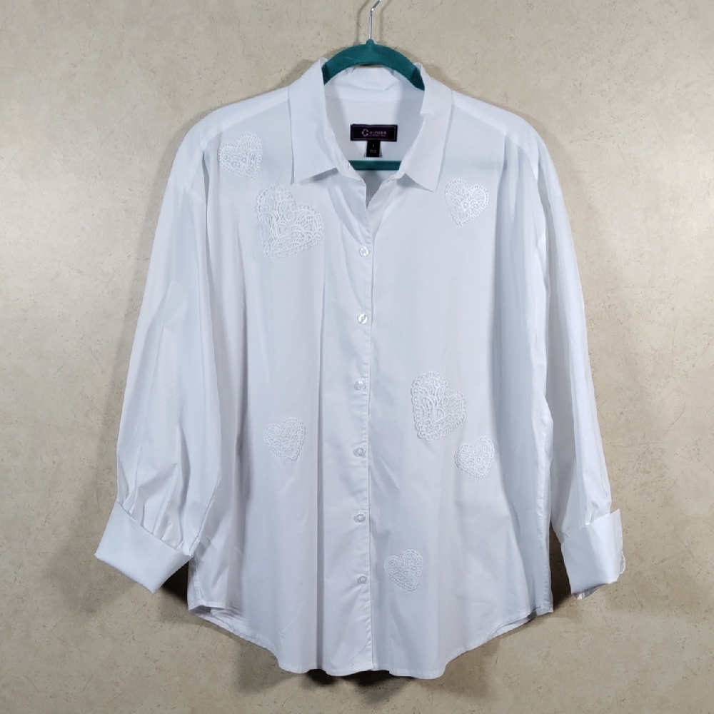 6172 C. Wonder white stretch cotton blouse w/heart applique L NEW